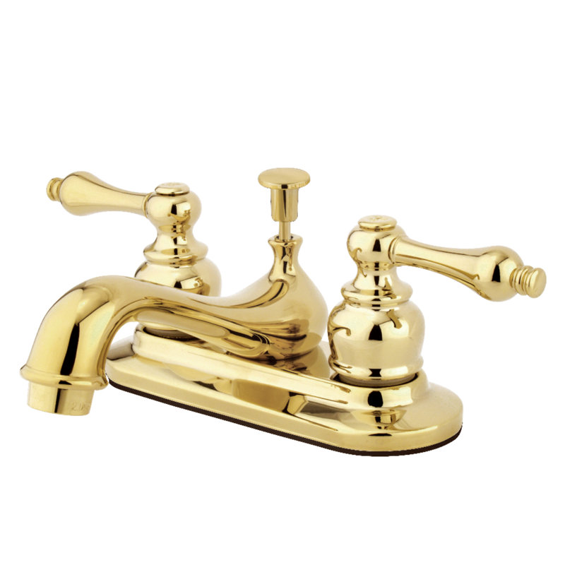 Kingston Brass Restoration Two-Handle 3-Hole Deck Mount 4" Centerset Bathroom Faucet with Plastic Pop-Up, Polished Brass