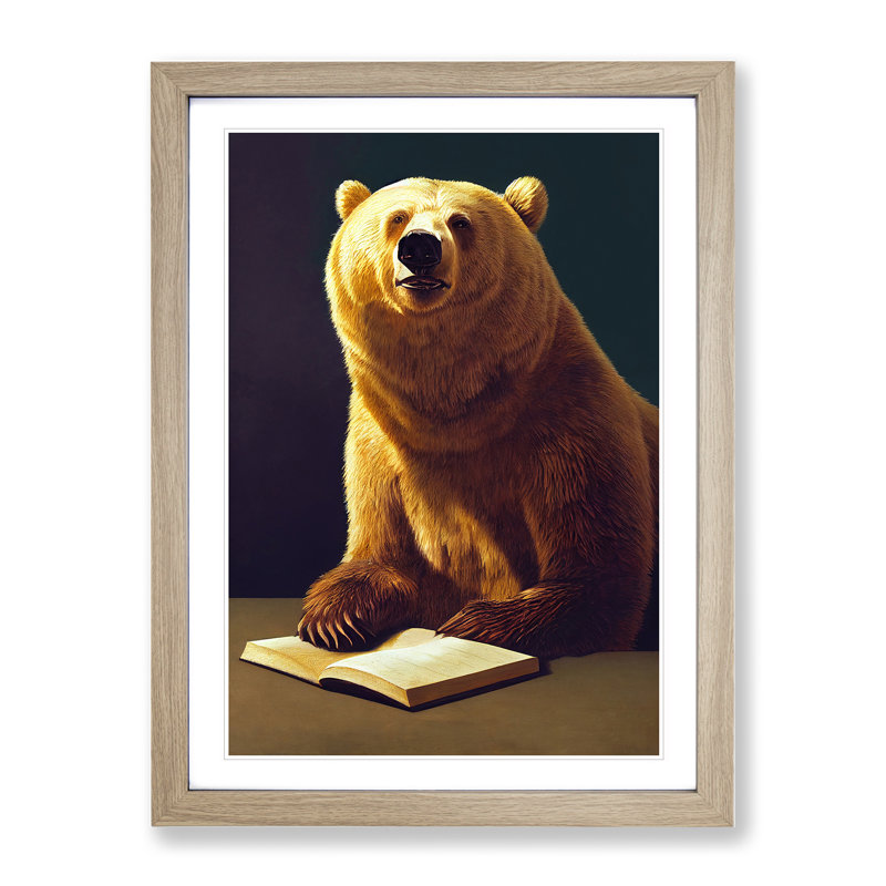 Bear Reading - Single Picture Frame Print, 64cm H x 46cm W x 2cm D, Oak Framed