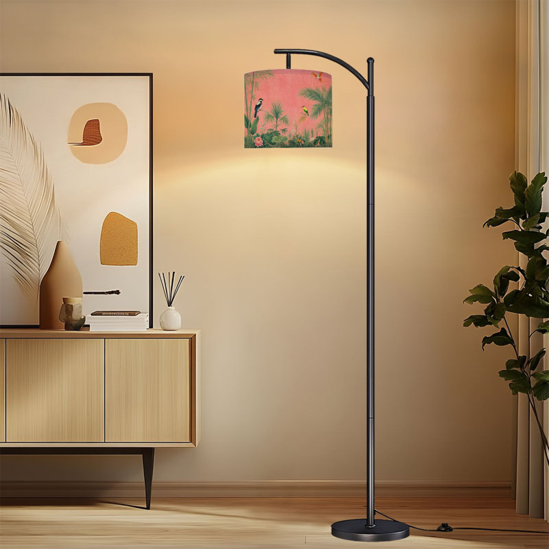 Lampe sur pied à arc avec abat-jour réglable Jungle tropicale, oiseaux exotiques, lampe sur pied, rose, 3 températures de couleur, intensité variable, grand mât avec interrupteur au pied pour la chambre à coucher