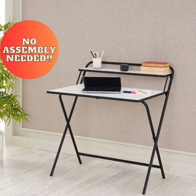 Nexo Folding Desk, No Assembly Required, 2-Tier Computer Desk, Study Table with Shelf, Metal Frame, Anthracite and Gray