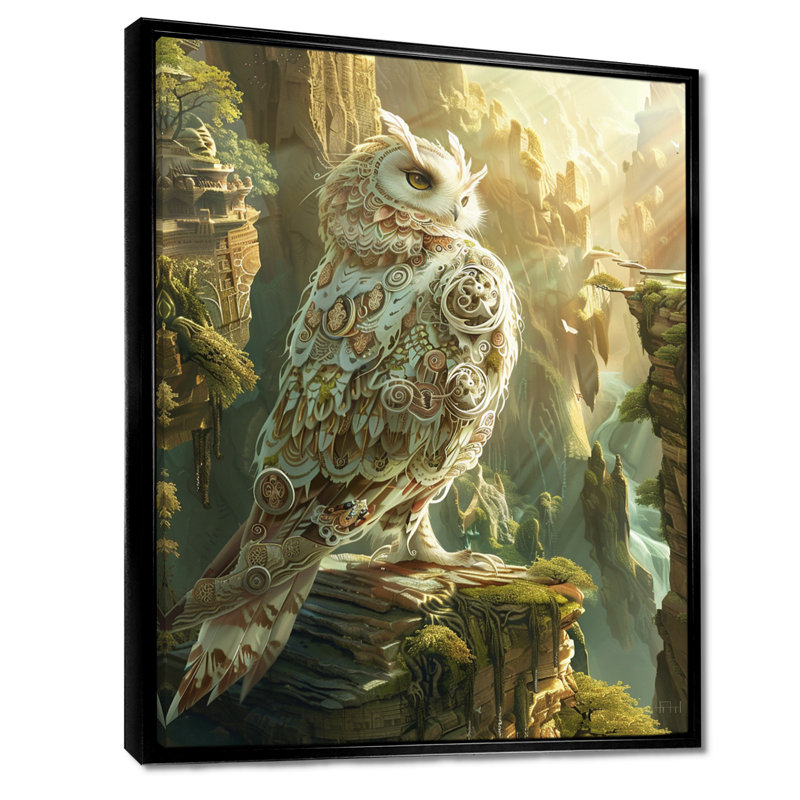 Hibou blanc majestueux dans les montagnes, Toile flottante noire encadrée, H 40 po x l 30 po