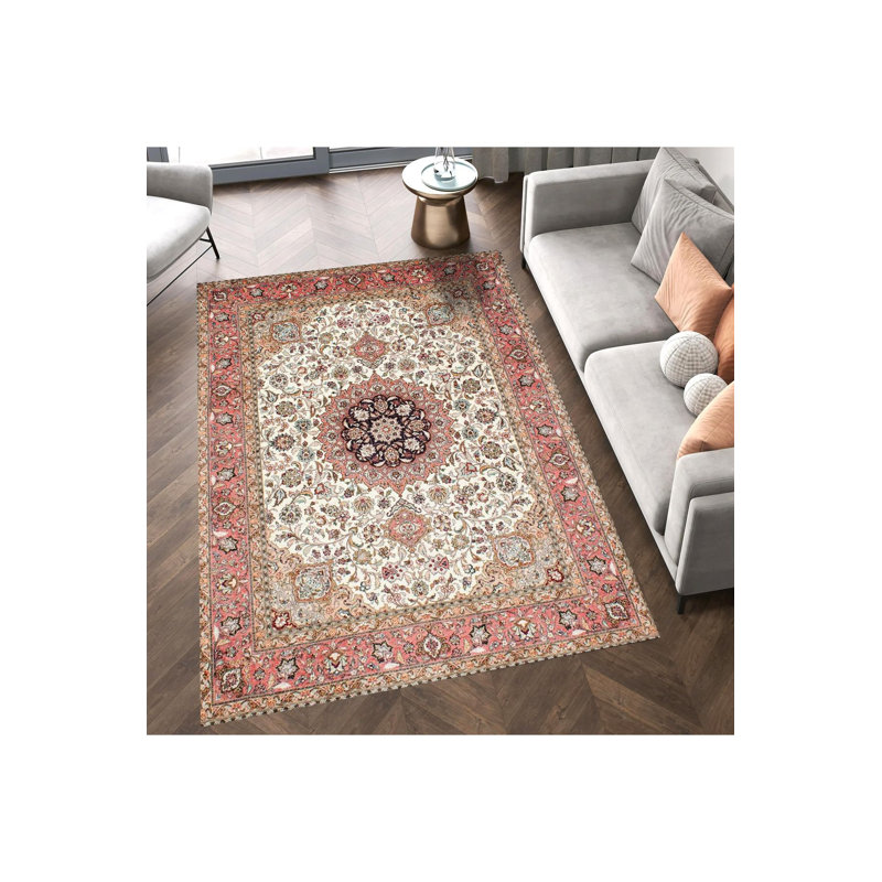 Tapis décoratif moderne lavable à la machine à bordure orange, Tapis de couloir 3 pi 3 po x 6 pi 7 po inclus