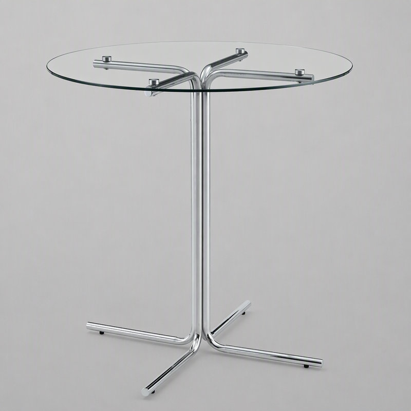 Table haute de bar ronde en verre, plateau en verre trempé de 91 cm (36 pouces), robuste piètement à quatre colonnes chromées argentées.