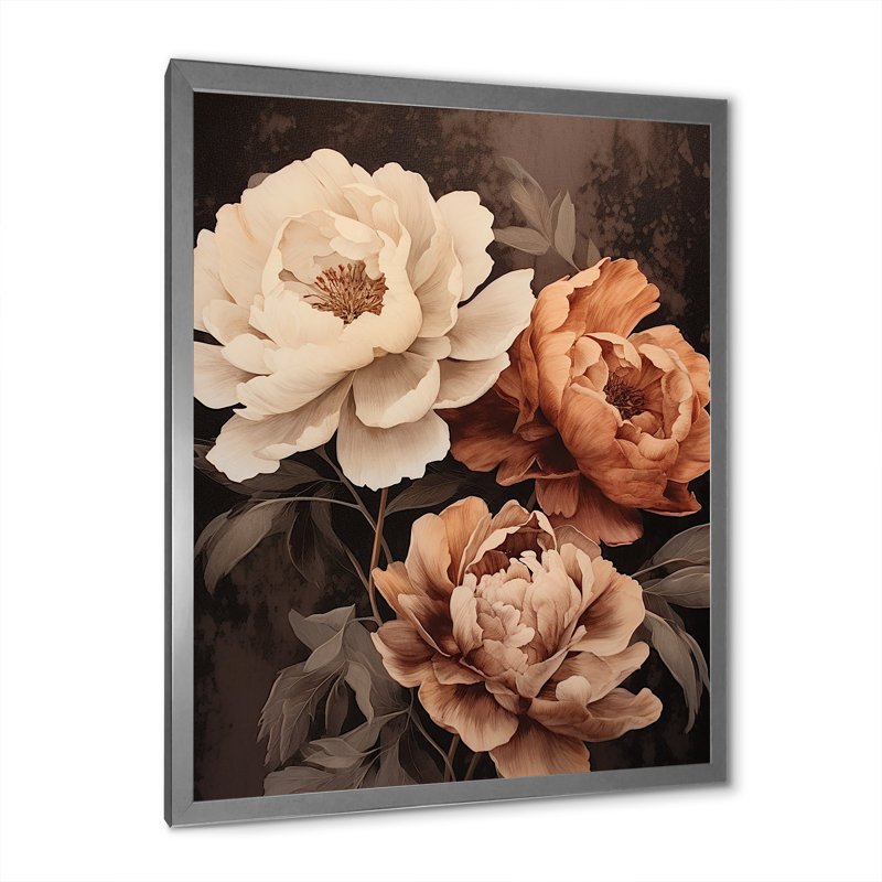 Pivoines botaniques rétro dévoilées II sur toile, Cadre photo argenté, H 20 po x l 12 po x P 1 po