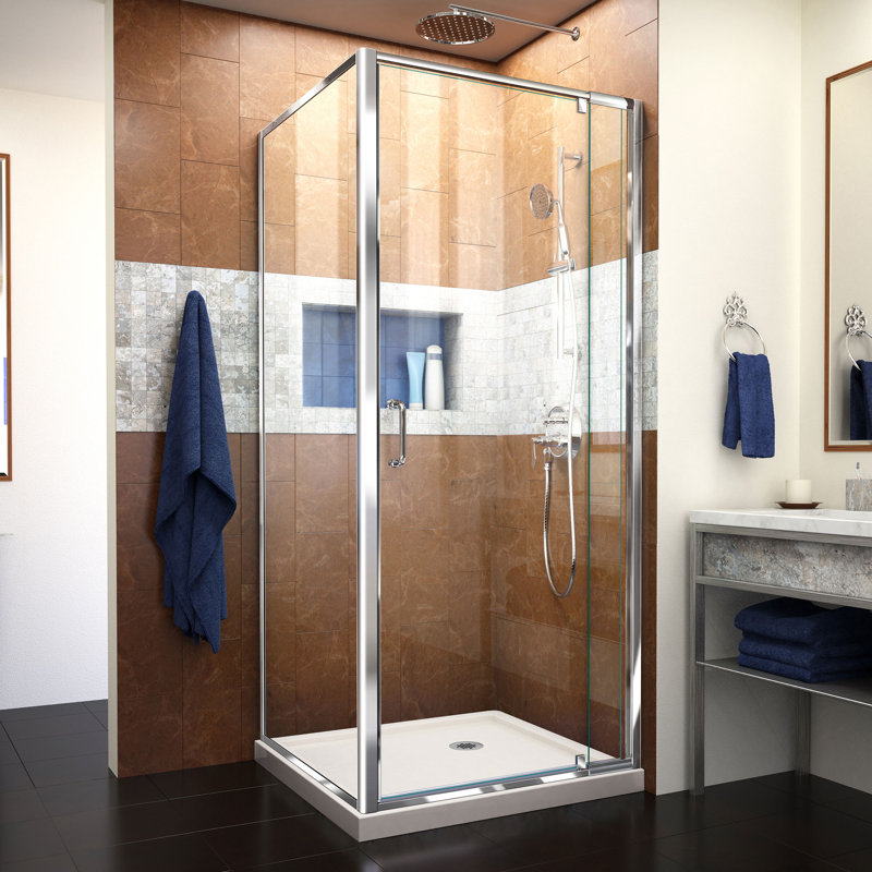 Cabine de douche carrée demi-cadre avec porte-serviettes et base Flex incluse l 36 po x P 36 po x H 74,75 po, Chrome, Blanc