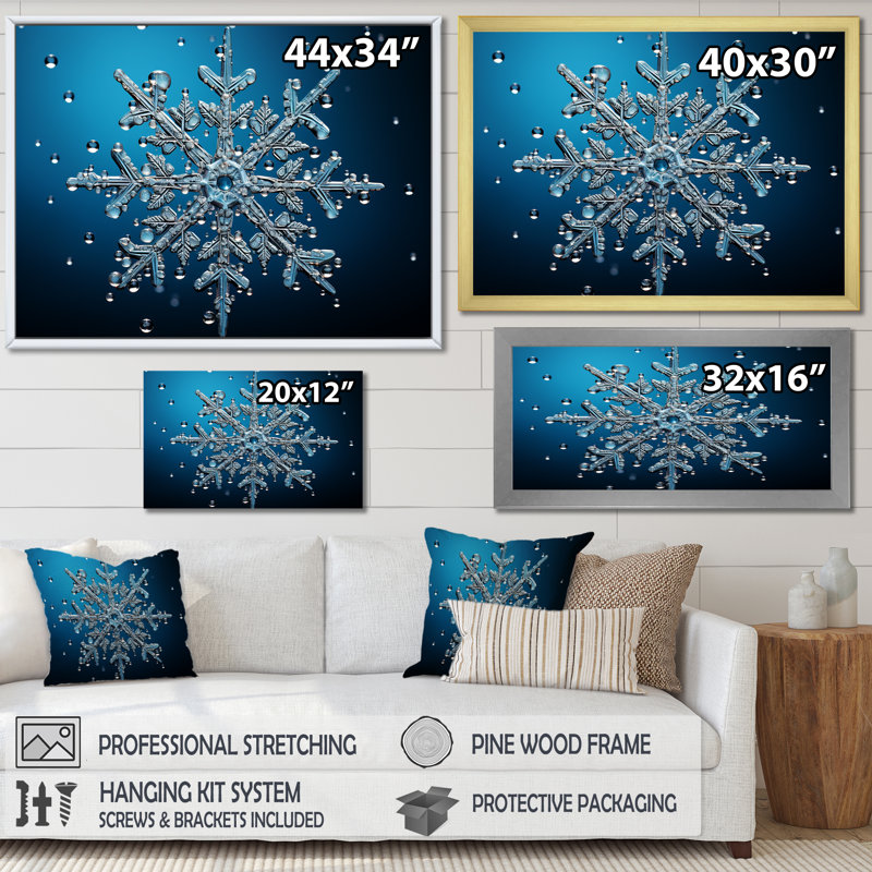 Décoration de flocon de neige bleu II - paysage d'hiver, H 12 po x l 20 po x P 1 po, Cadre flottant blanc
