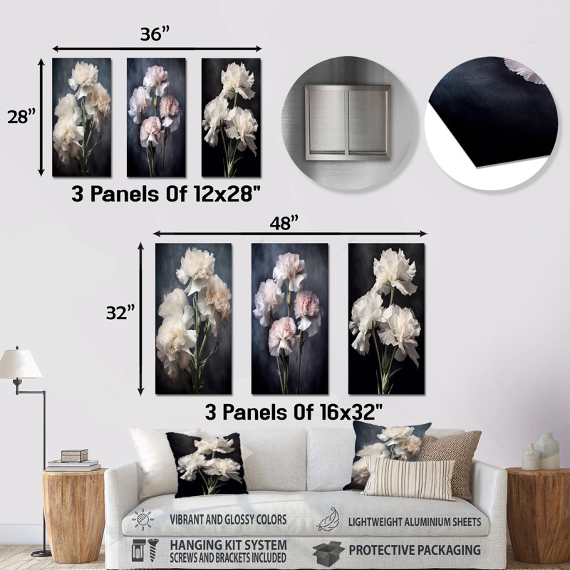 Noir et blanc, œillets, nuances foncées - œillets, ensemble de 3 reproductions d'art mural en métal, H 28 po x l 36 po