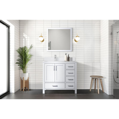 Plateau en quartz blanc 36 po L 22 po, avec décalage à gauche, structure en bois massif, dispositif de fermeture en douceur, une armoire et cinq tiroirs pour le rangement dans la salle de bain, avec comptoir