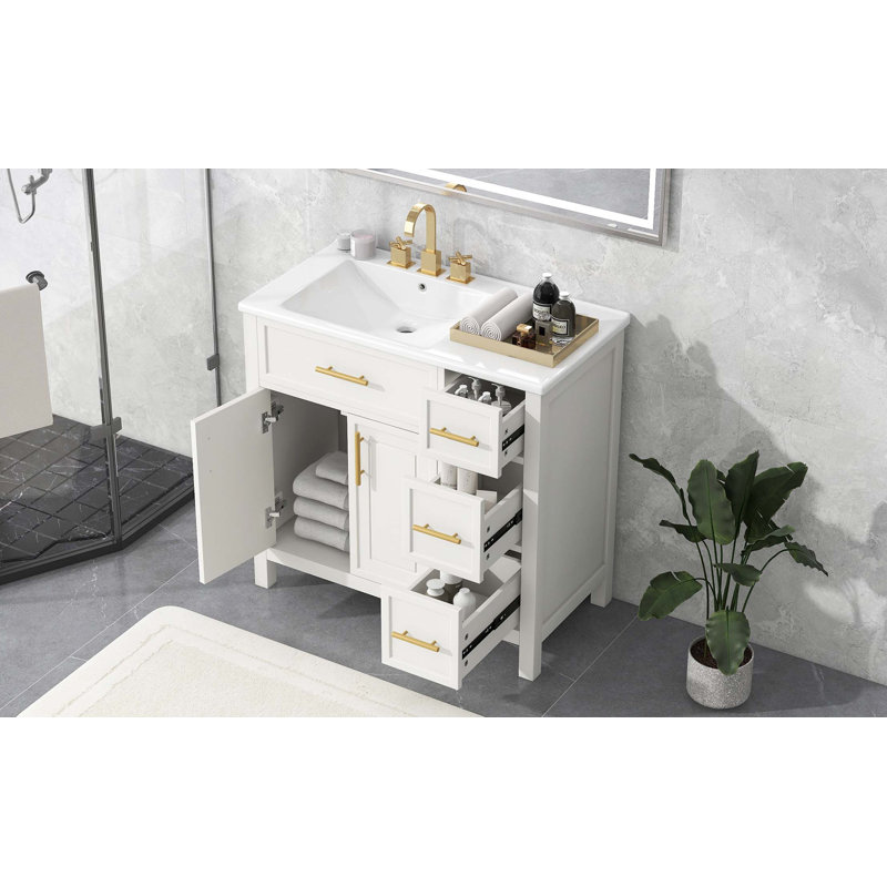 Meuble-lavabo de 36 po avec comptoir d'évier, meuble-lavabo avec deux portes et trois tiroirs, bois massif, panneaux de fibres à densité moyenne