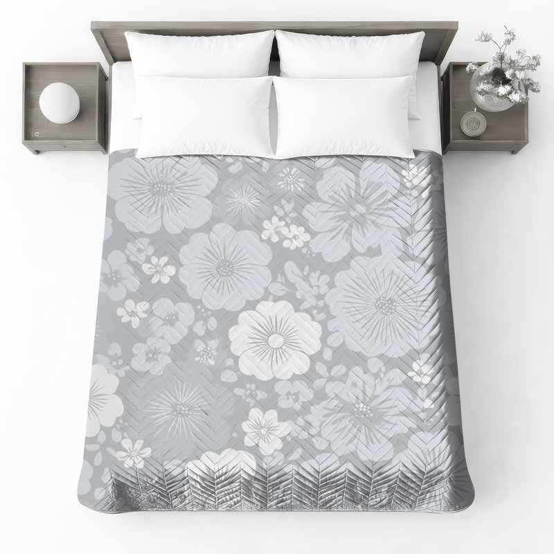 Couvre-lit matelassé gris à motif floral toutes tailles, Très grand lit