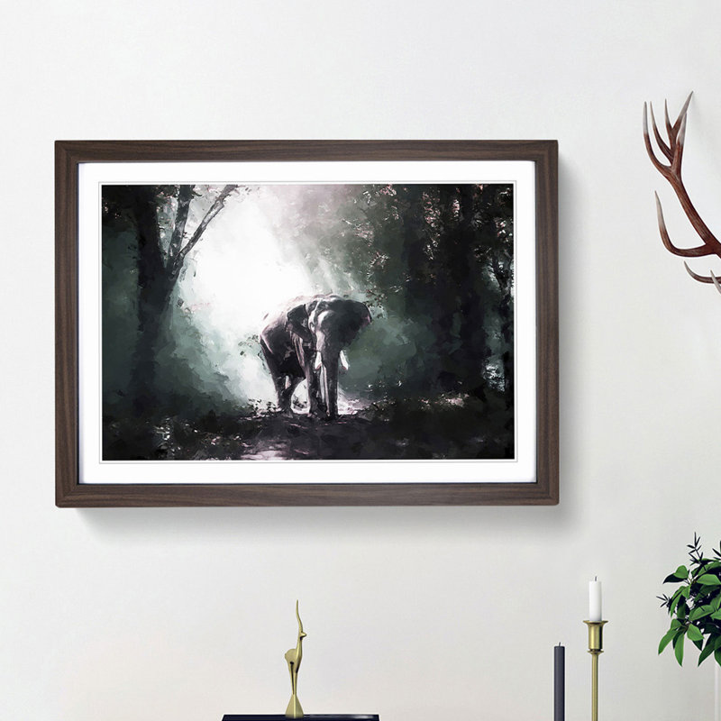 Elephant Roaming in a Green Forest in Abstract - Picture Frame Painting Print, Walnut Framed, 27cm H x 36cm W x 2cm D