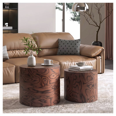 Ensemble de 2 tables basses rondes gigognes avec finition grain de souche d'arbre, tables d'appoint en bois d'ingénierie brun foncé pour salon