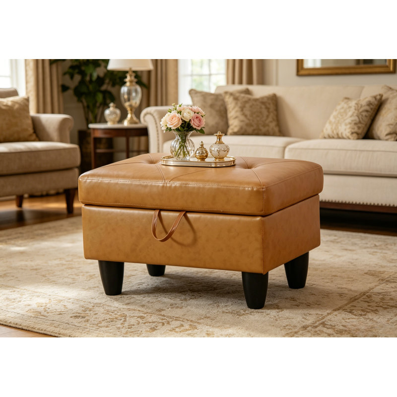 Rectangular Storage Ottoman, Faux Leather Footrest Bench with Hinged Hydraulic Soft Close Lid, 28.5"W x 19"D x 17.5"H Multi-Purpose Ottoman Coffee Table for Living Room Bedroom Entryway，Ginger