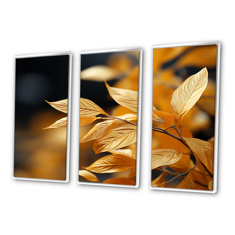 Feuilles d'or - ensemble d'art mural feuilles, H 40 po x l 60 po x P 1 po, Cadre flottant blanc