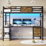 Lit mezzanine simple avec bureau en forme de L, cadre de lit simple avec lumières à DEL et station de charge, 3 tiroirs en tissu,