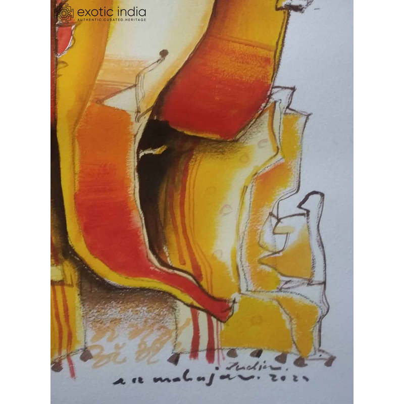 «Blessing Ganesha», peinture acrylique par Arvind Mahajan - Art spirituel indien contemporain de 16 po x 12 po pour la maison et le bureau