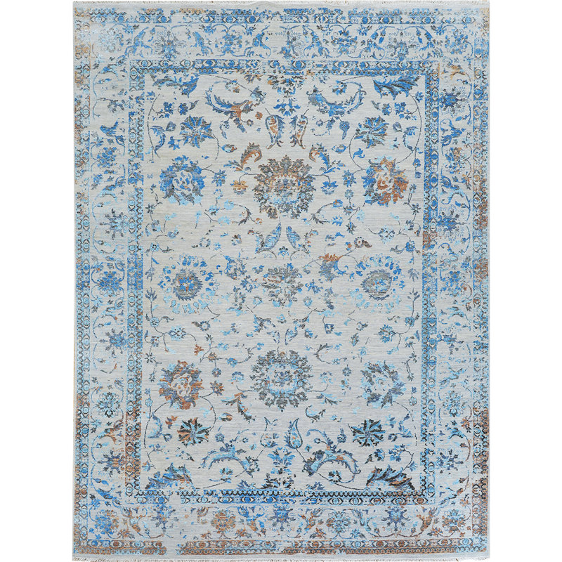 Tapis argenté et turquoise noué à la main de haute qualité, Rectangle 9 pi x 12 pi
