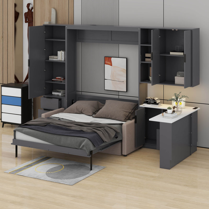 Grand lit escamotable avec élévateur hydraulique, lit mural pliable avec canapé, tablettes de rangement, charge USB et éclairage DEL