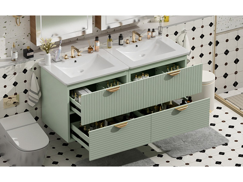 Ensemble de meuble-lavabo mural de 48 po de style moderne avec deux lavabos doubles (séparés), deux lavabos en céramique, 4 tiroirs - idéal pour les petites salles de bain