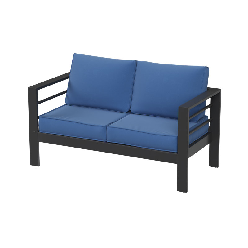 2-Person Outdoor Sofa with Cushions, Grayish-Black Frame / Blue Cushion