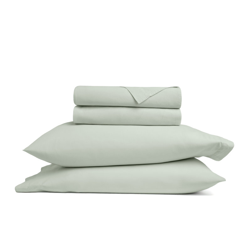 100% Cotton Percale Brushed & Washed 4 Piece Sheet Set, Twin Sheet Set with 1 Pillowcases, Green Haze