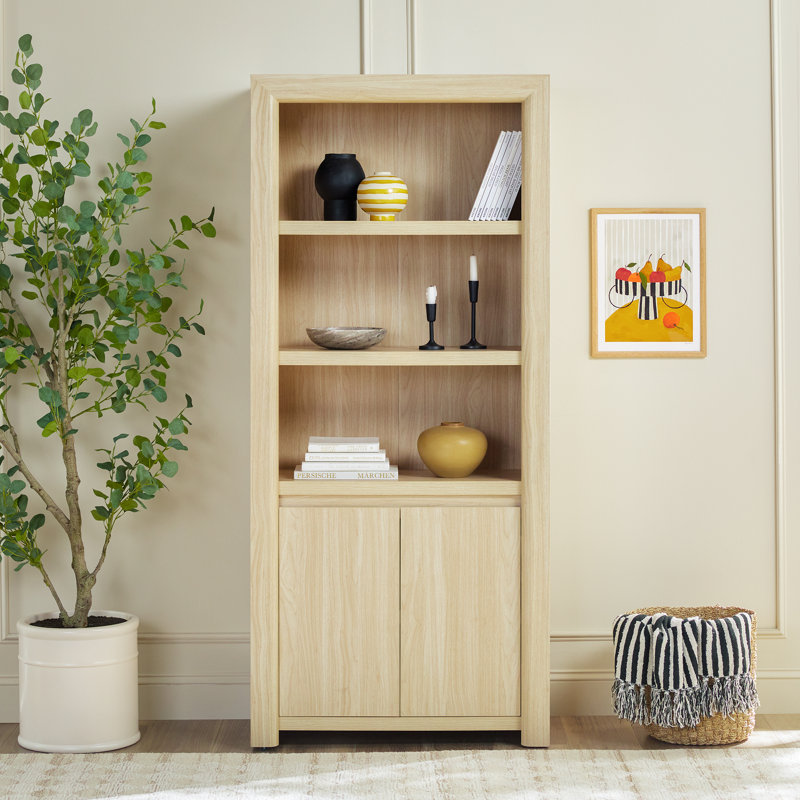 Bibliothèque en bois à 3 niveaux H 72,25 "x l 32" Cottrell avec armoire de rangement, Frêne clair