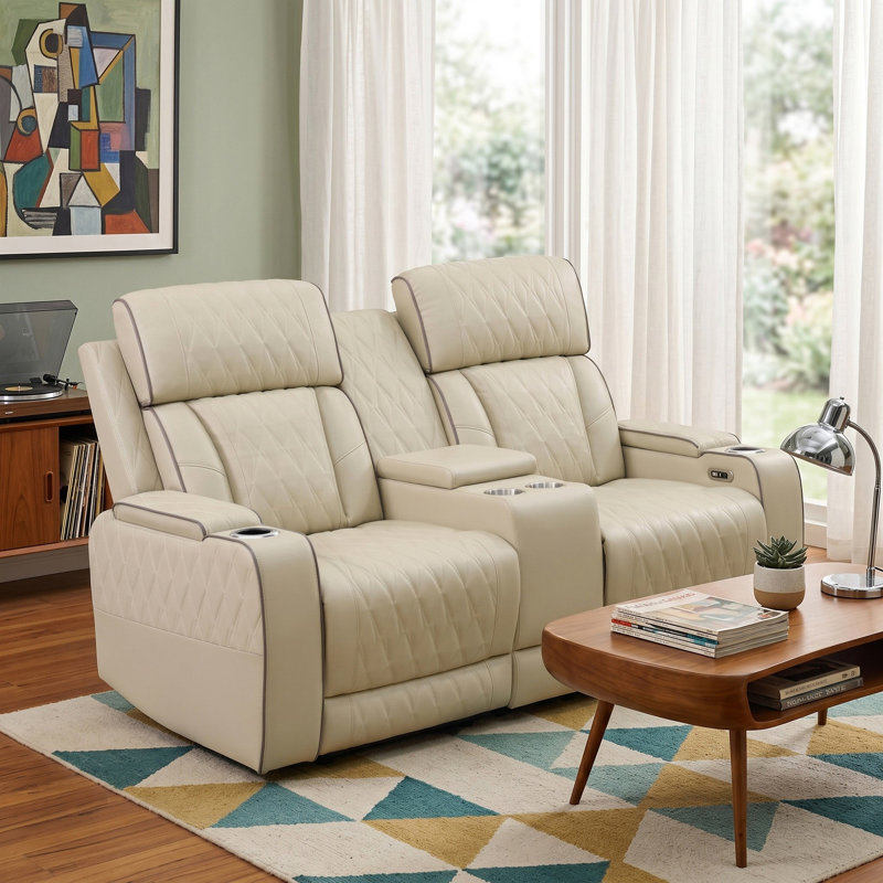 Causeuse inclinable Madison en cuir végétalien beige avec porte-gobelets et lumières DEL