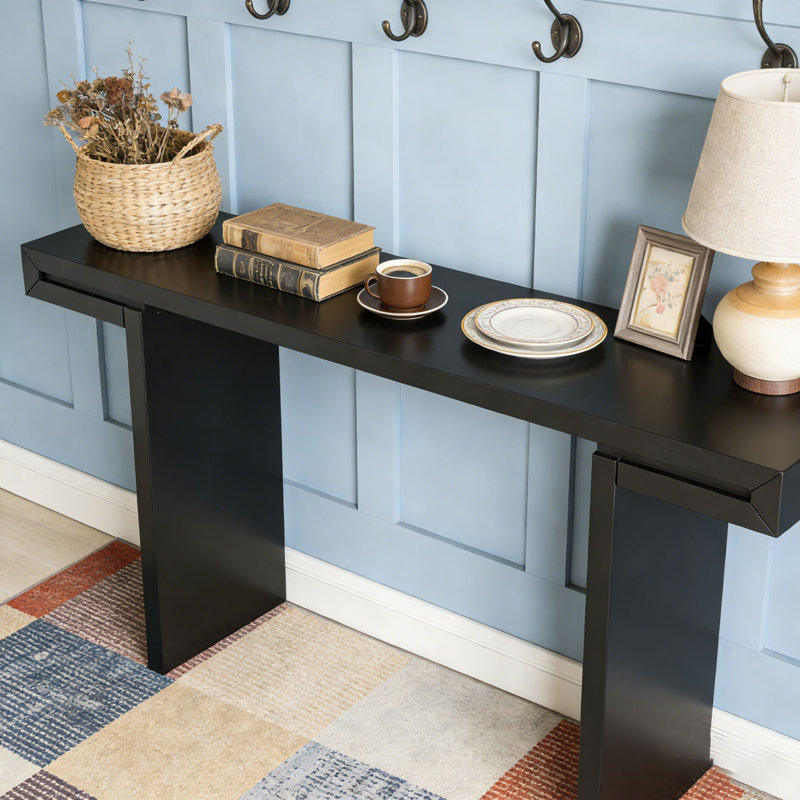 60-Inch Console Table With Geometric Clean Lines Design,Stylish Entryway Table With Painted Finish And Adjustable Feet, Black