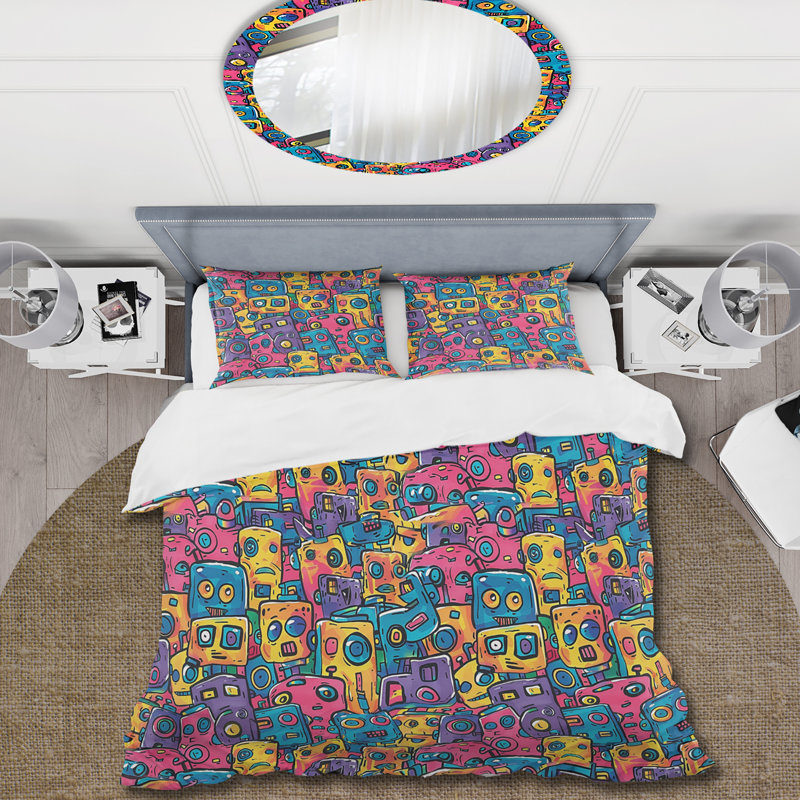 Ensemble de housse de couette rose, bleu et robot Friends I, Housse de couette pour grand lit et 2 taies décor