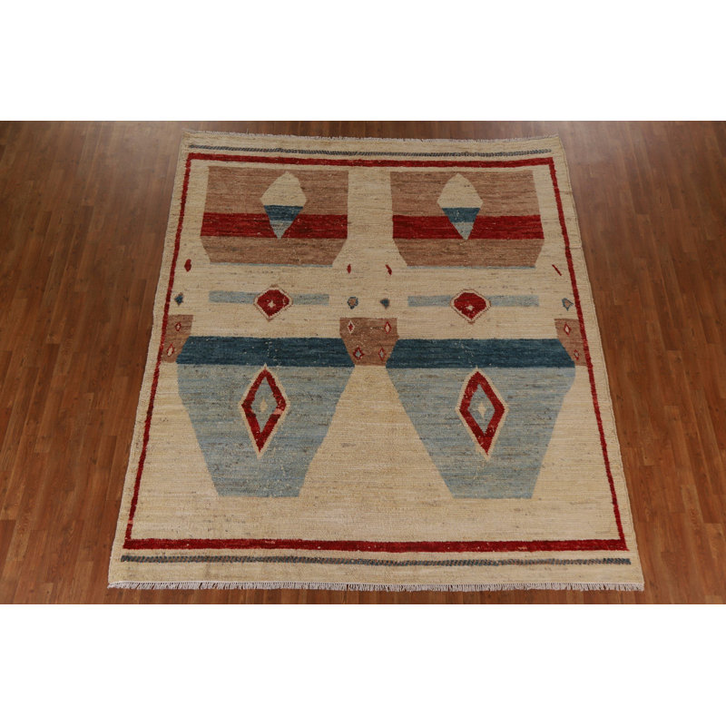 Tapis beige en laine noué à la main de conception unique 8 pi 6 po x 9 pi 8 po New Age