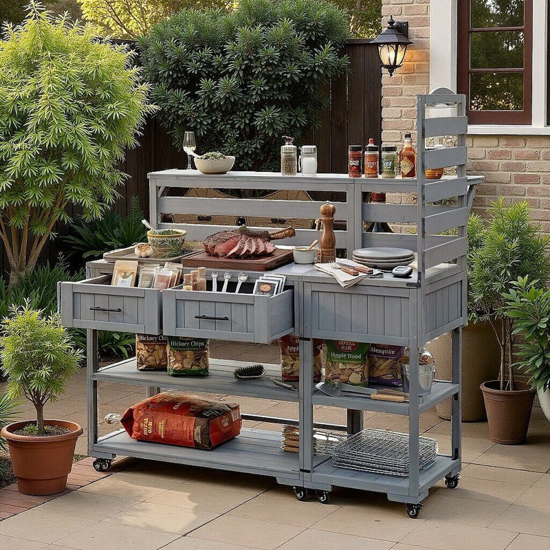 Îlot de cuisine en bois massif avec tablette surélevée à 2 tiroirs en acier inoxydable pour barbecue, Gris