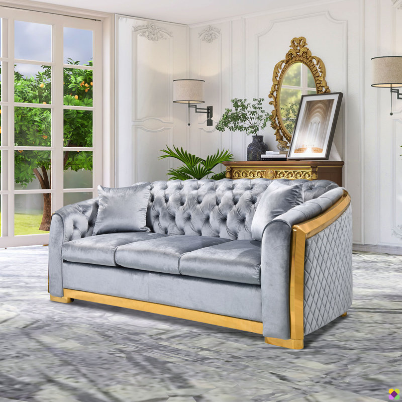Eugenija 81.1" Velvet Luxury Chesterfield Sofa, Pocket Spring, Gray Velvet