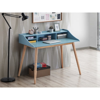 Bureau bleu avec armoire décorative moderne Mid-Century et pieds en bois d'hévéa massif, 4 tablettes, l 43,3 po x P 24,5 po, H 36,8 po