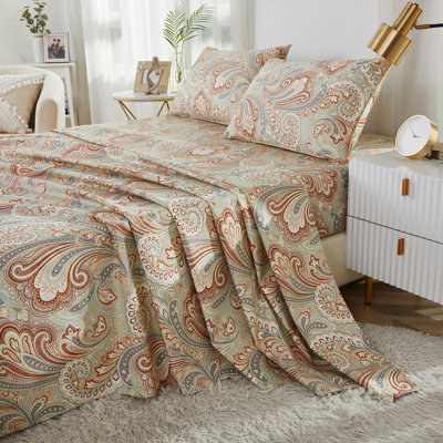 100% Egyptian Cotton Fitted Sheet Set, 4pcs Luxury Classic Boho Paisley Bedding Set, For Bedroom Guest Room Student Dorm All Seasons