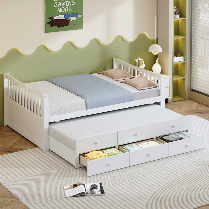Lit de jour double avec lit gigogne simple et tiroirs, blanc, White, Full