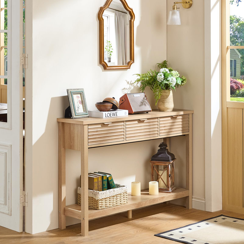 Fluted 47.2" Console Table with 3 Drawers, Modern Wood 2 Tier Entryway Table with Open Storage Shelf, Boho Sofa Entry Tables Behind Couch for Living Room, Hallway, Entrance Foyer (Natural Oak)