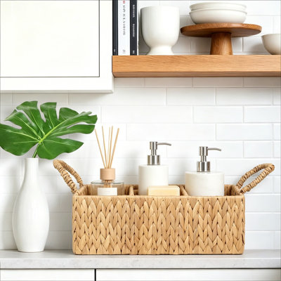 Divided Wicker Storage Basket with Handles, 4-Section Natural Water Hyacinth Organizer for Bathroom, Kitchen, Office Shelves and Supplies, Handwoven Rectangular Bin (Light Brown)