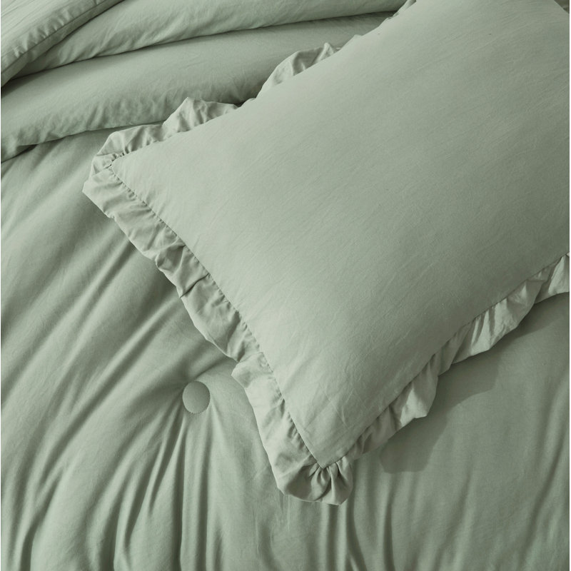 Nora Washed Microfiber Ruffled Comforter Set, Full Comforter + 2 Standard Shams, Sage