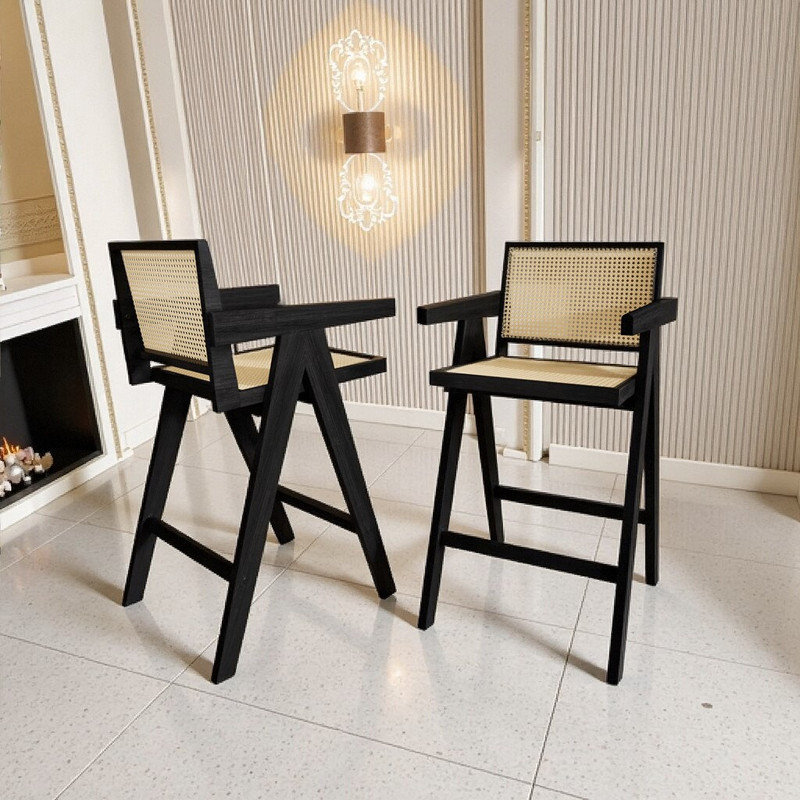 Ensemble de 2 tabourets de bar modernes 27 po avec siège en bois d'hévéa, Noir