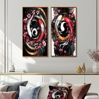Sakura Yin And Yang Koi Pond I - Kois Fish Wall Art 2 Pieces Set