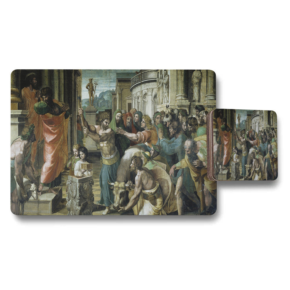 Classical Art Placemats And Coasters Set With Historic Crowd Scene