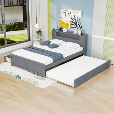 Queen Wood Platform Bed with LED, 2 Drawers and Trundle