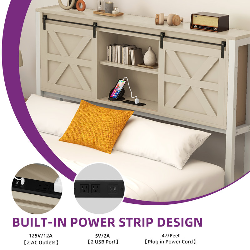 Farmhouse Platform Storage Bed with Bookcase Headboard and Built-In Charging Station, Brown, Queen
