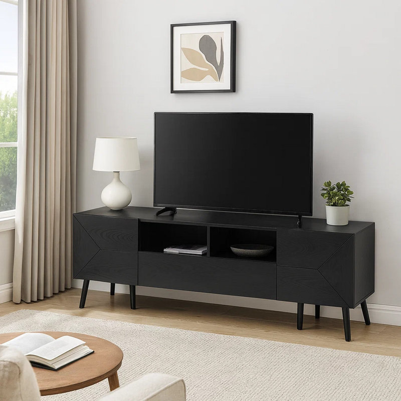 TV Stand With Drawer, two cabinet and open storage, Black
