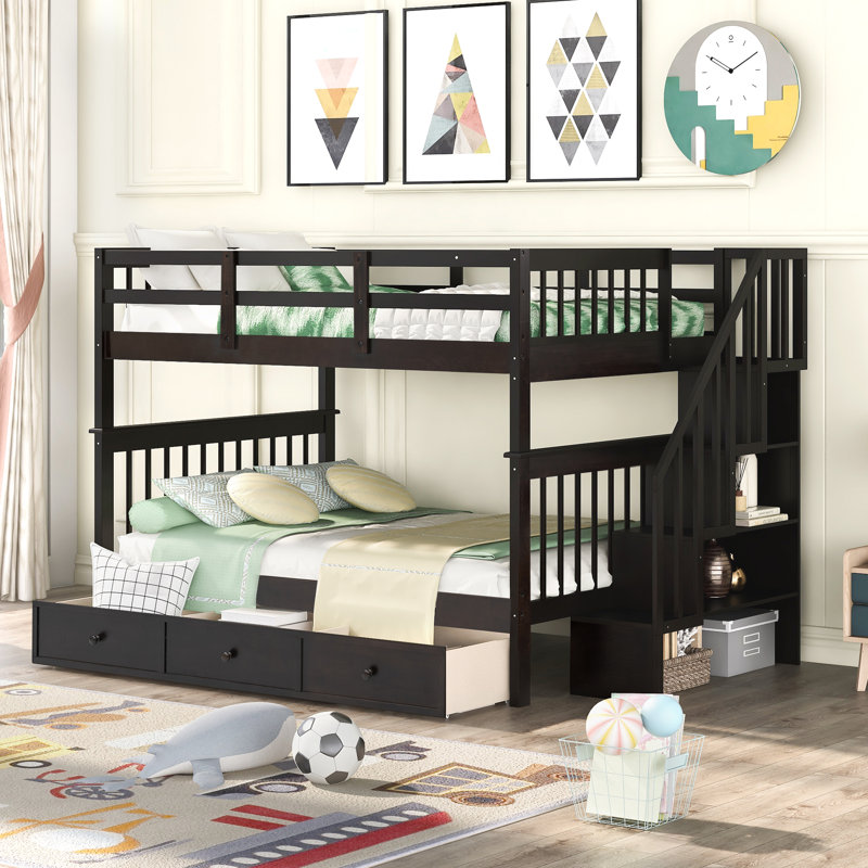 Lit superposé double au-dessus de double avec tiroirs de rangement d'escalier, tablettes, garde-corps, convertible en 2 lits, espresso en bois massif
