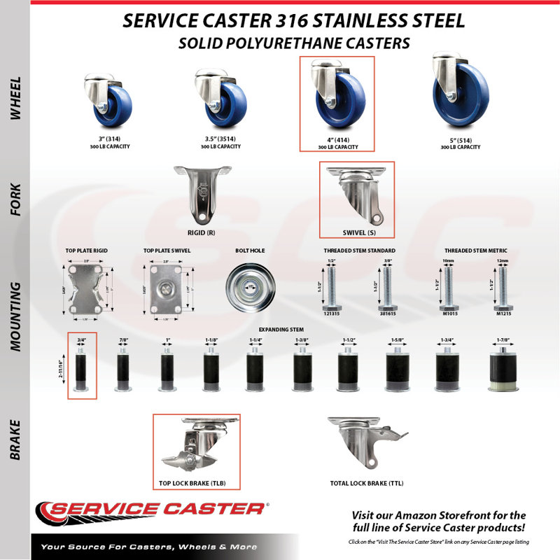316SS Solid Poly Swivel Expanding Stem Caster Set 2 Brake SCC