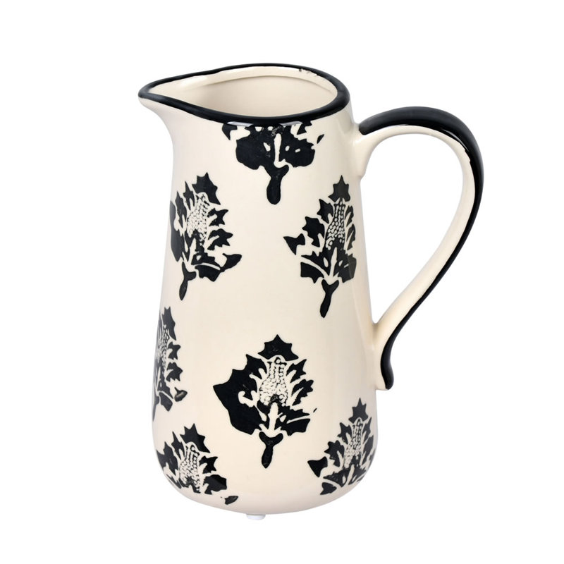 Pot en céramique à motif de feuilles tchèques blanc / noir, H 6,5 po x l 4 po x P 5 po
