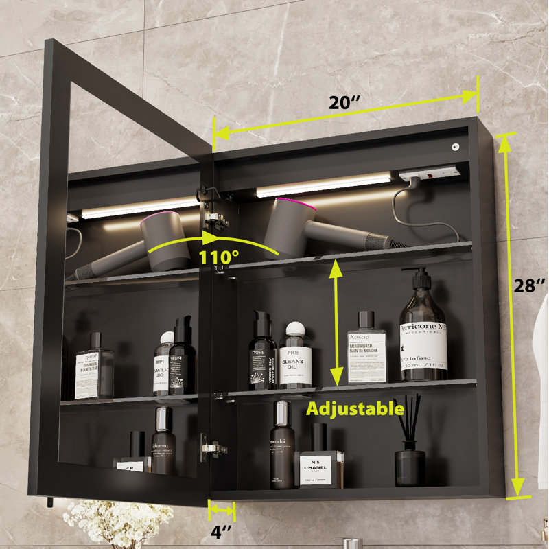 Maximes Recessed/Surface Mount Medicine Cabinet with Mirror, Defogger, Dimmer, Outlets & USBs and Interior Light