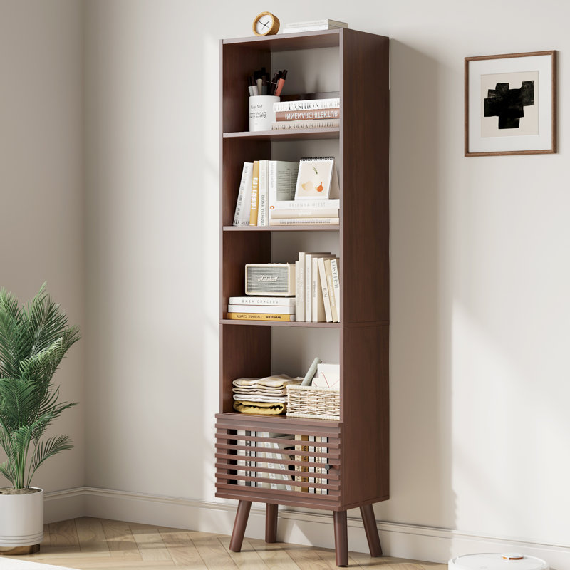 Open Shelf Cube Bookcase, 70" Tall Freestanding Bookshelf, Slatted Door Narrow Corner Bookcase With 5 Cubes, Mid-century Modern Display Storage Cabinet For Living Room, Home Office, Walnut