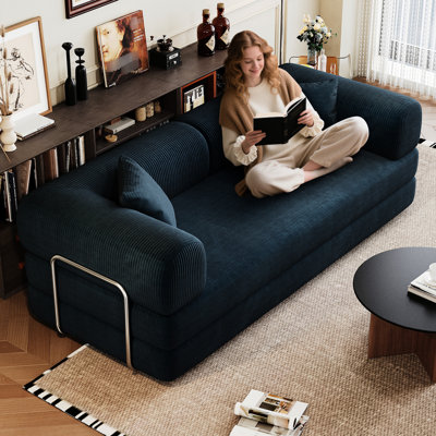 Lit convertible à compression en velours côtelé de 78,8 po avec accoudoirs et soutien lombaire, sectionnel modulaire sans ossature pour chambre à coucher, accoudoirs de soutien bleus prêts à l'emploi, aucune installation requise